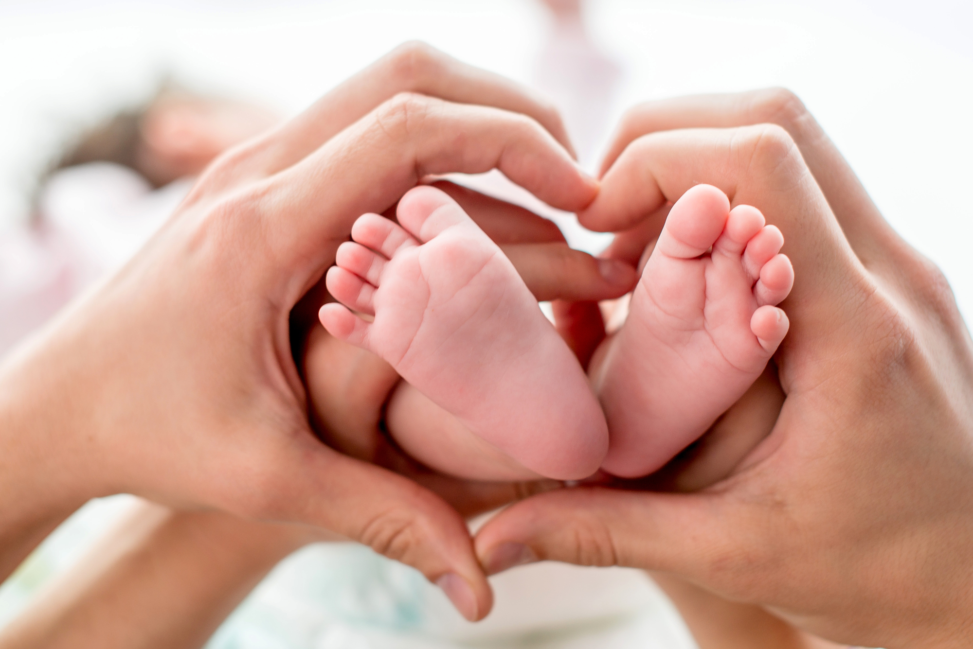 Birthing Tools And Birth Injuries - newborn baby feet on mom and dad hands, shape like a lovely heart. happy family concept