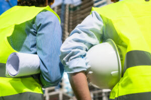 Construction Accident Attorney New York, NY with construction workers holding hard hats and building plans
