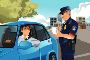 Police Misconduct Attorney New York, NY with an illustration of a policeman giving a driver a traffic violation ticket